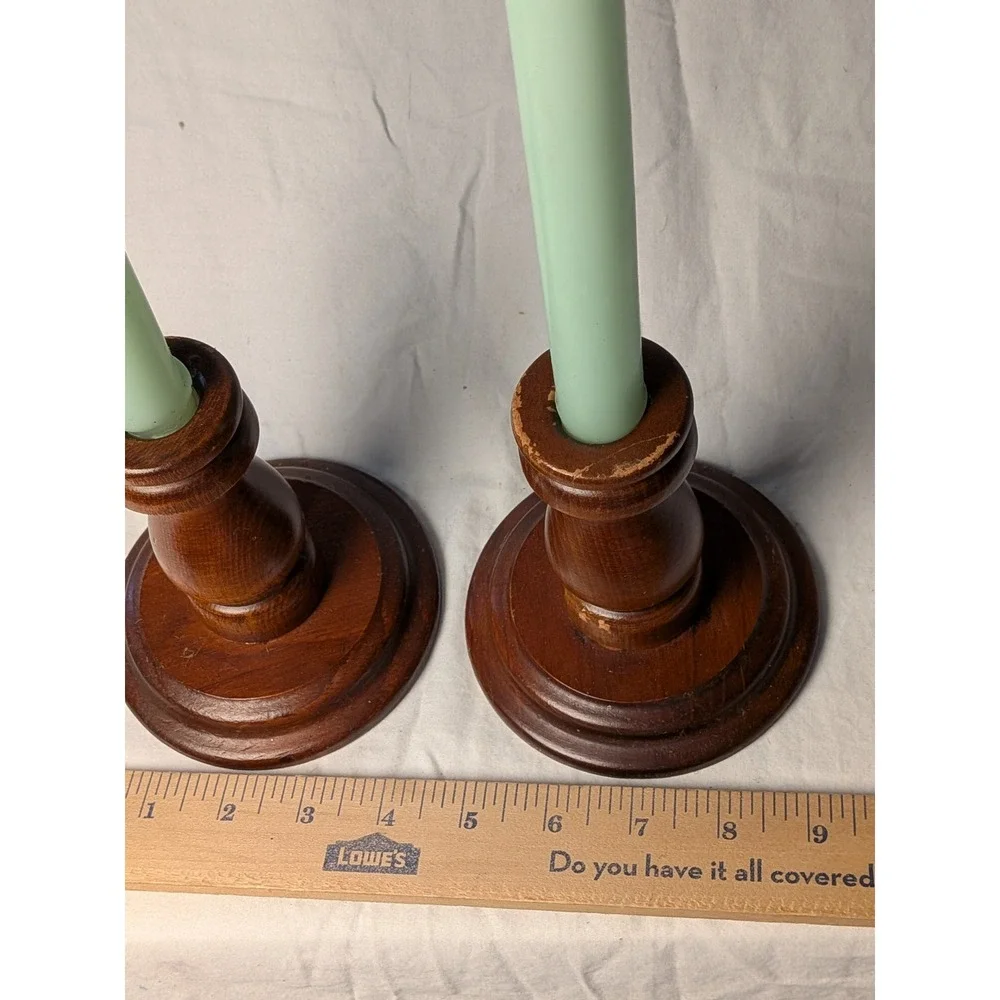 Vintage Turned Wood Candlestick Set Pair Brown Taper Candle Holders 4.5in